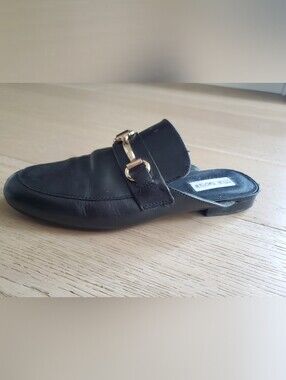 Steve Madden Black Leather Slip-On Mule with Gold Buckle Accent